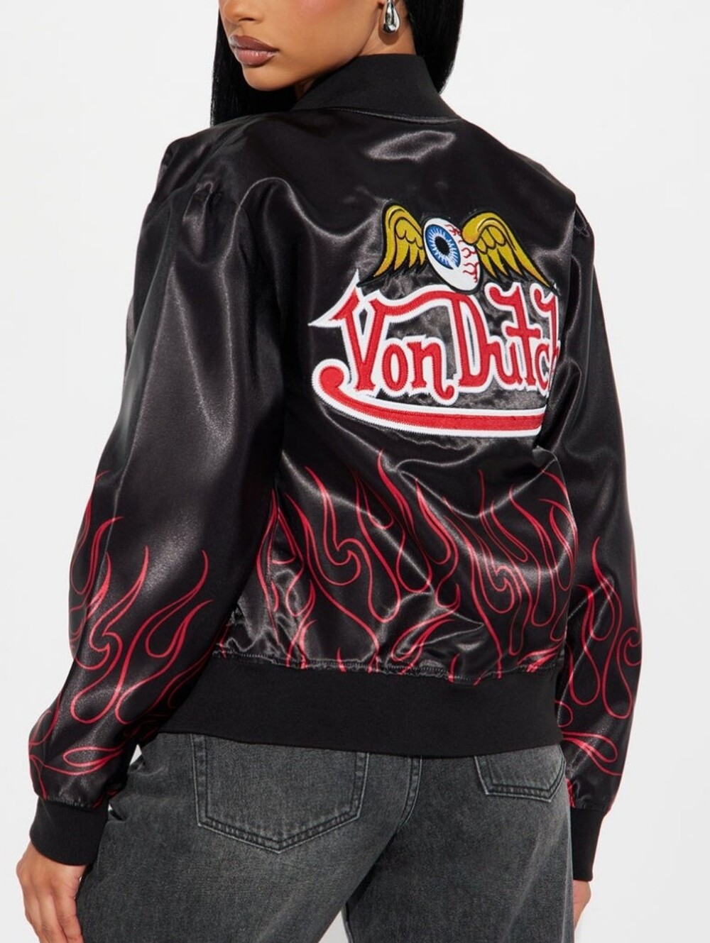 Von Dutch Satin Bomber Jacket with Red Flame Embroidery